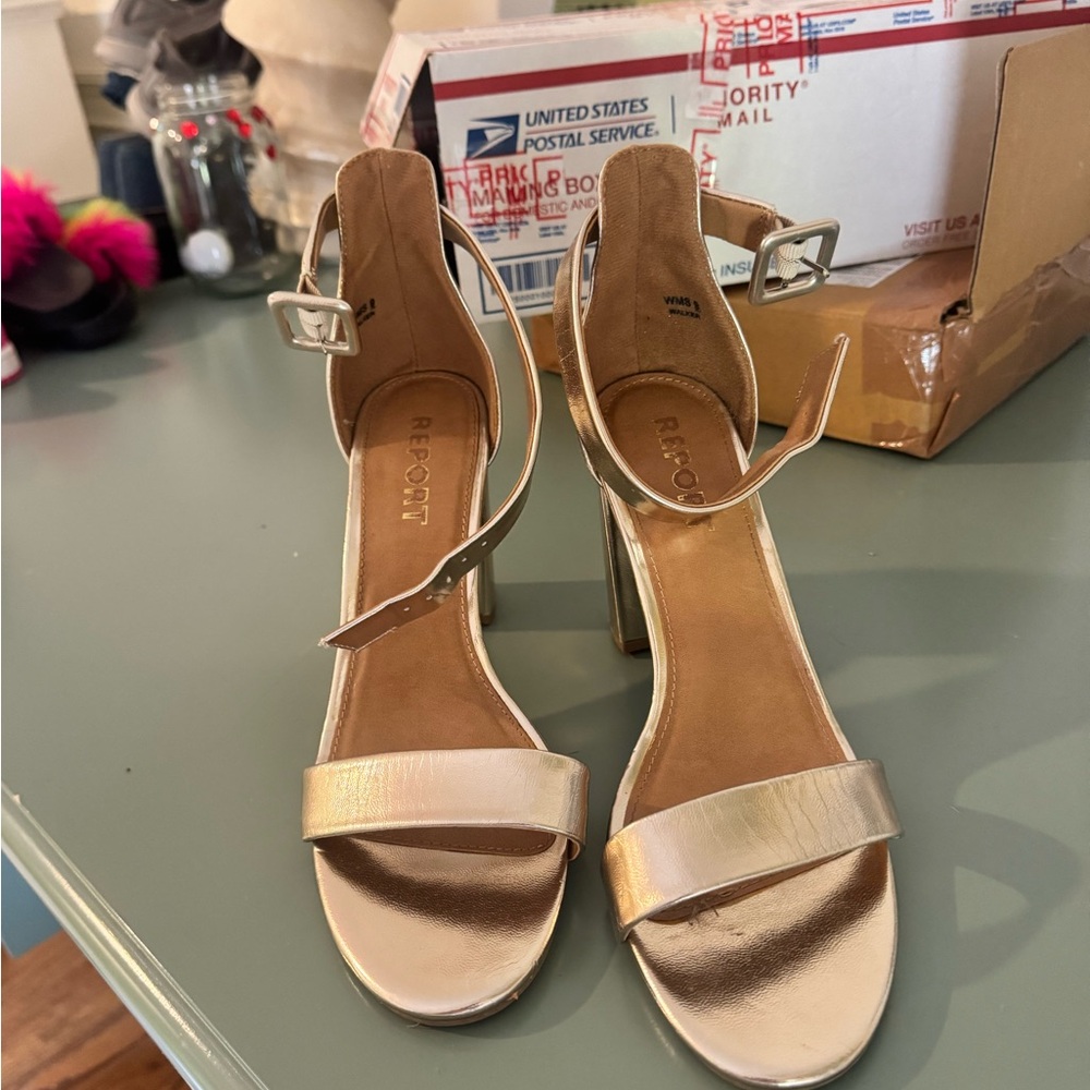 Report Metallic Gold Heeled Sandals